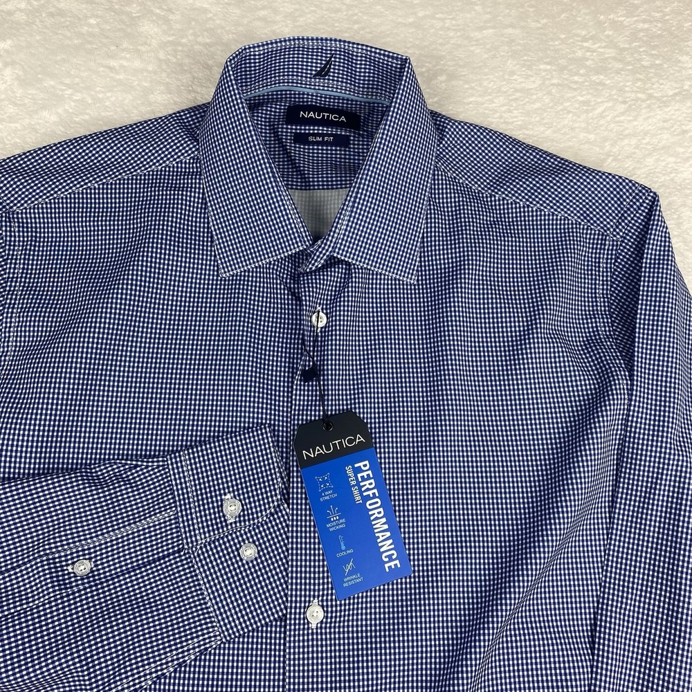 Nautica Performance Super Shirt Mens Large Blue/White Check Slim Fit Stretch NWT